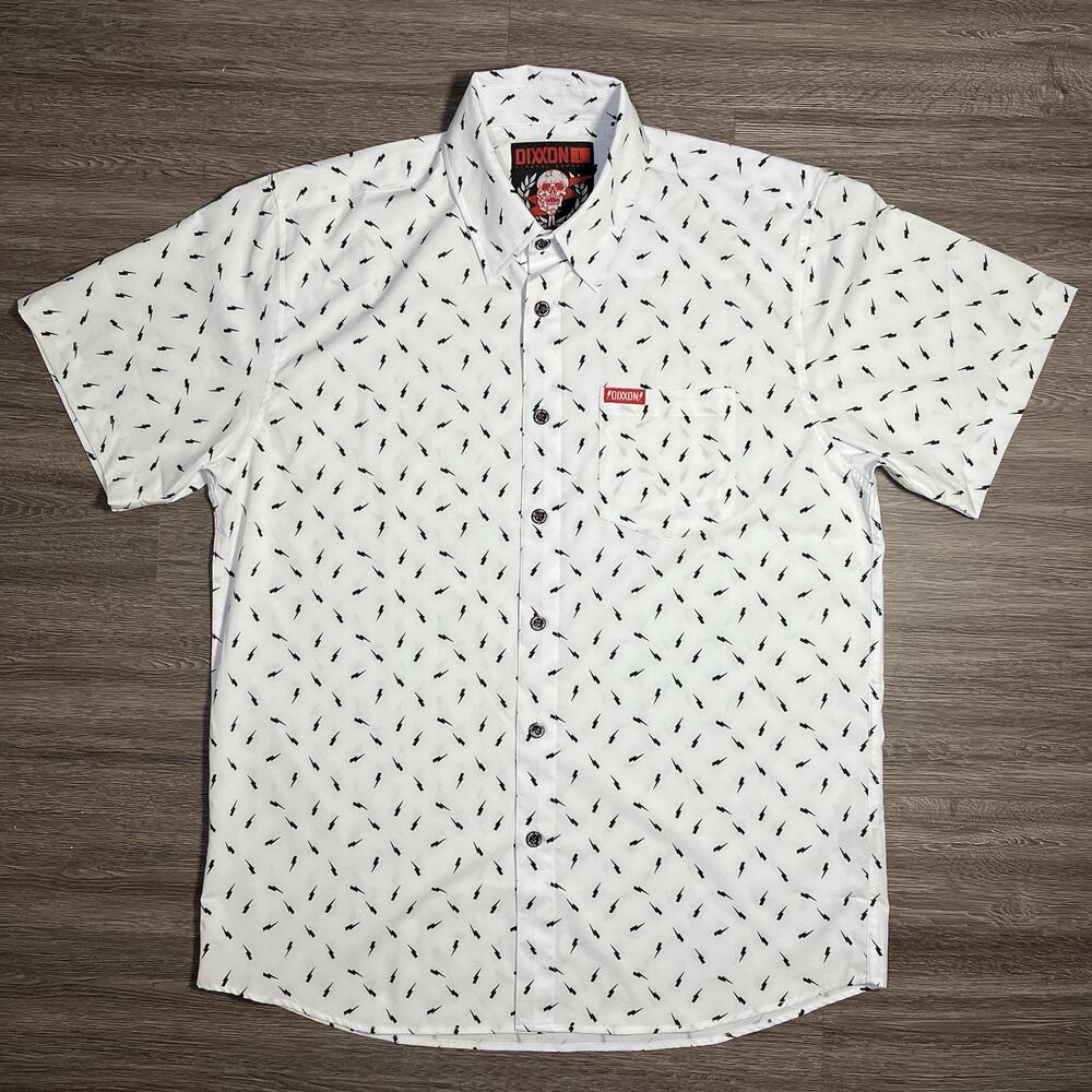 Dixxon The Bolt Party Shirt Men's L White Black Lightning D-Tech Stretch EUC